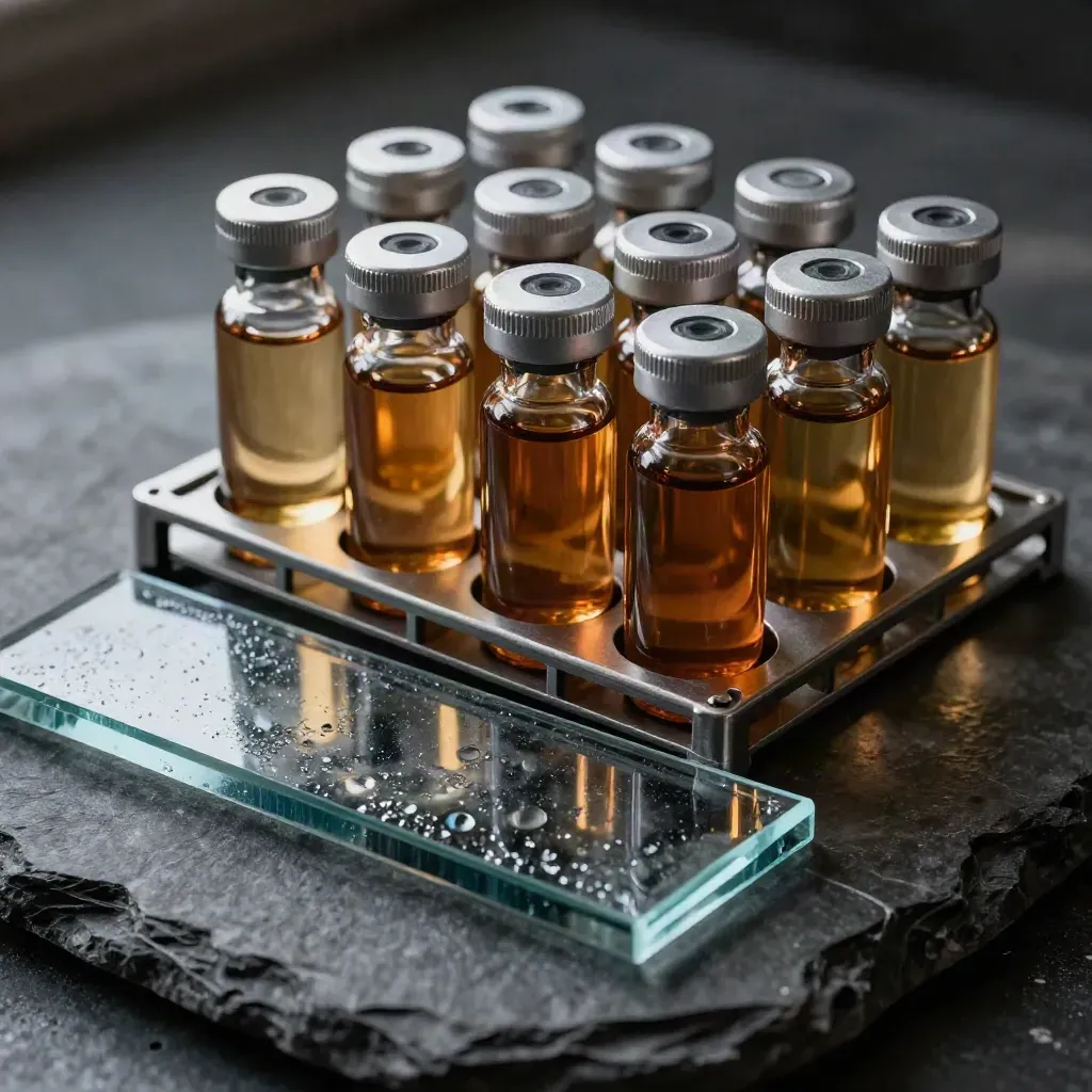 Amber vials, stainless rack, and glass slide tray on dark stone with condensation and steel-blue reflections.