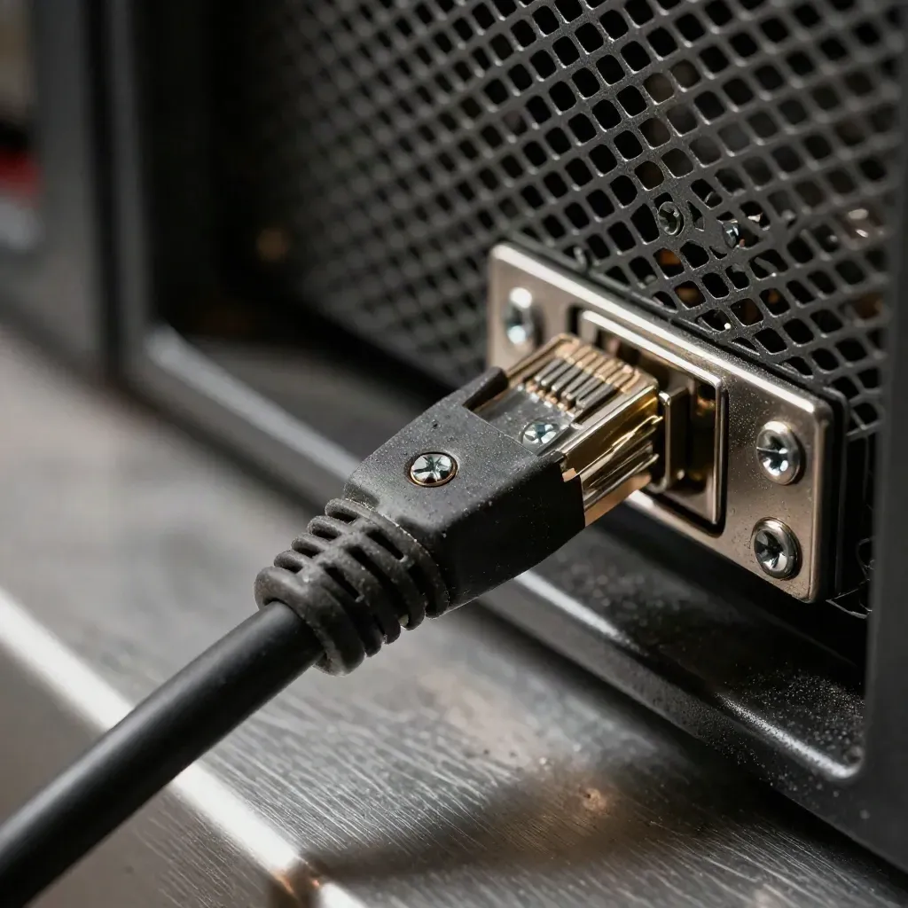 Close-up ethernet connector with mesh and screws on brushed metal, lit dramatically.