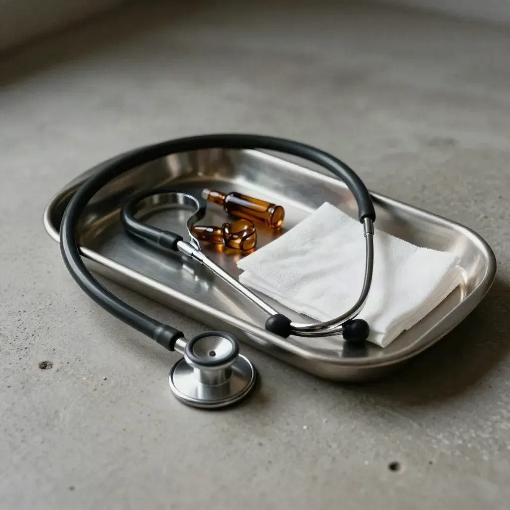 Stethoscope, kidney tray and ampoules on pale concrete in dramatic clinical light.
