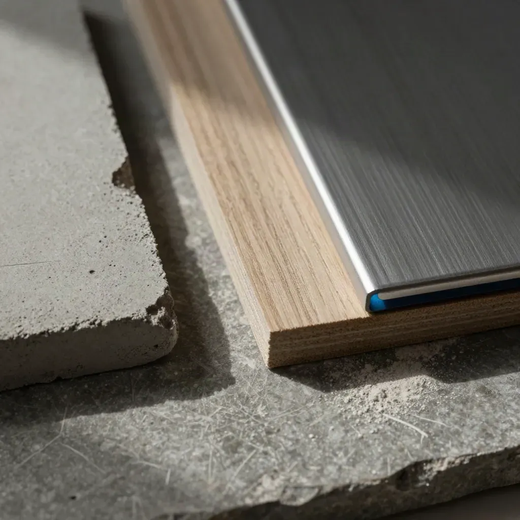 Overhead still life of concrete, ash wood, and aluminum swatches on plaster dust
