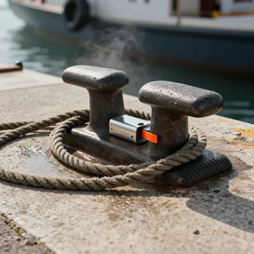 Dock cleat, rope coil, cargo seal and rubber corner guard on pale travertine in salty haze