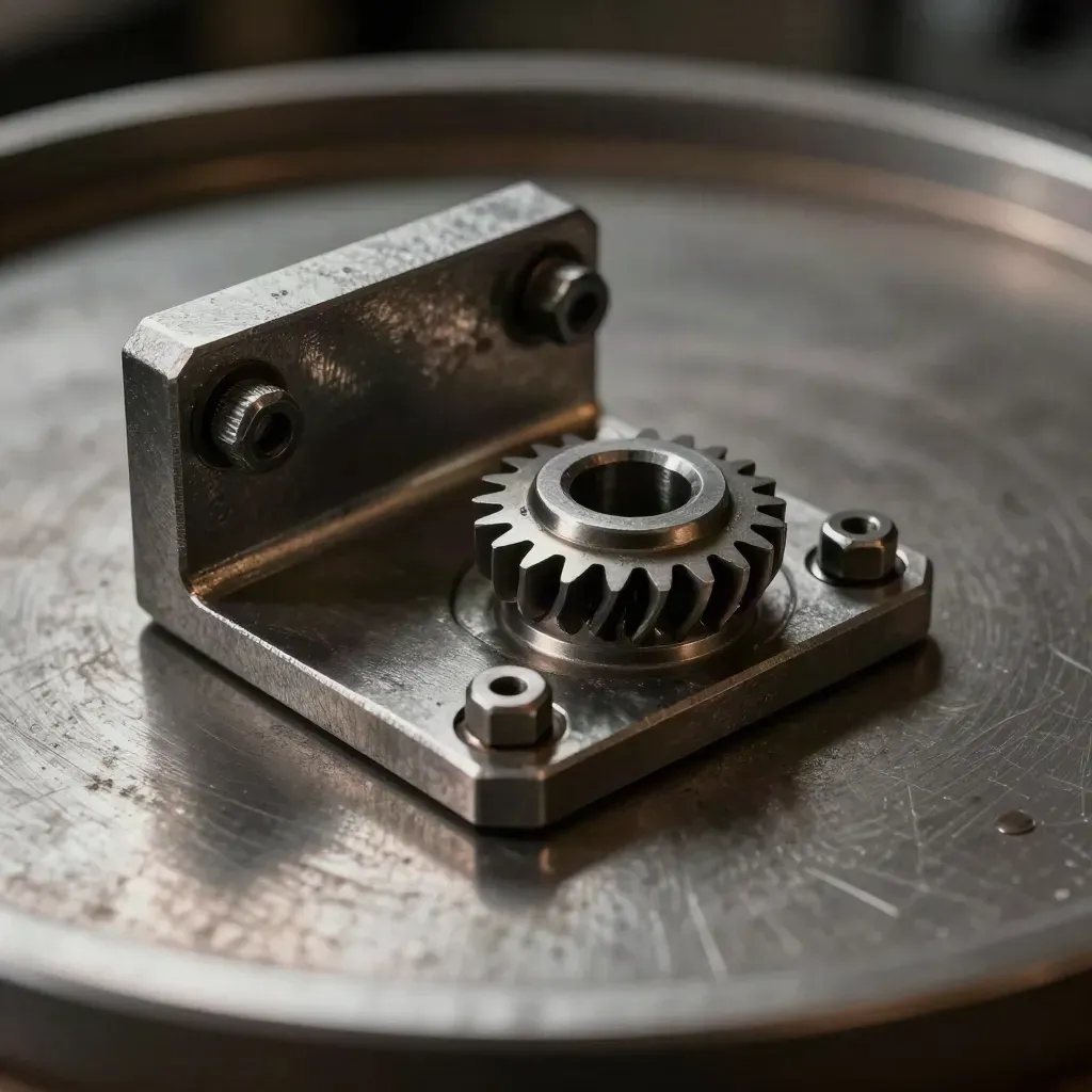 Close macro of a steel bracket, hex bolts, and a gear blank clustered on brushed metal.