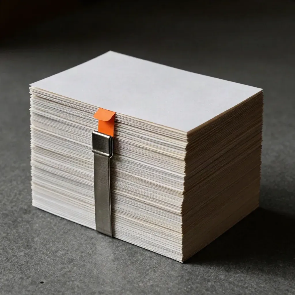 Stair-stepped blank folded cards held by a clip and clamp on graphite stone with a blaze-orange accent.