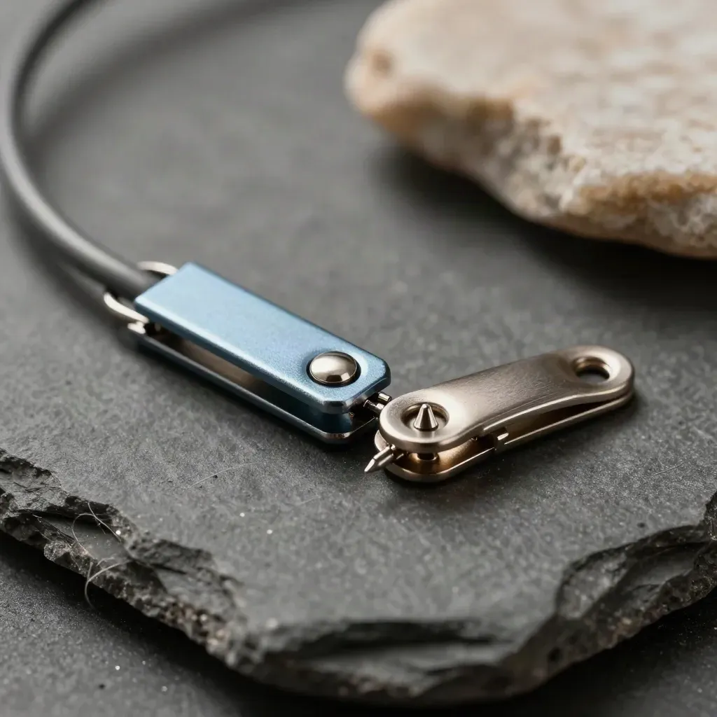 Macro still life of a snap-fastener clip, magnetic cable clip and alignment pin on graphite stone.