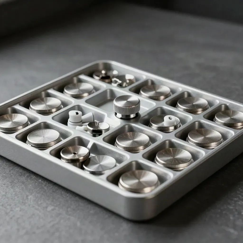 Aluminum parts tray with metal tokens and a control knob on dark stone