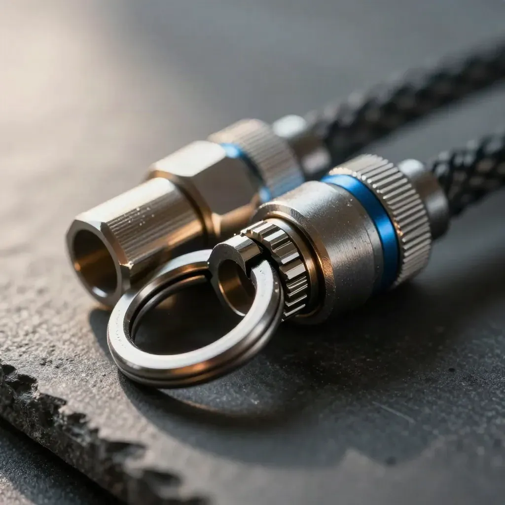 Extreme macro of metal API connectors, braided cable end, and linked rings on graphite stone