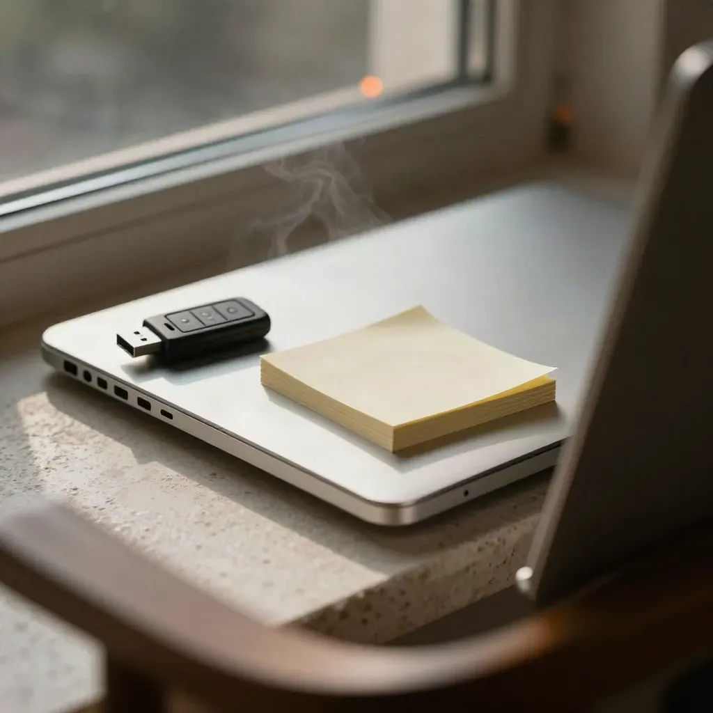 Closed laptop, USB key and sticky notes seen past a blurred chair slat in soft morning light.
