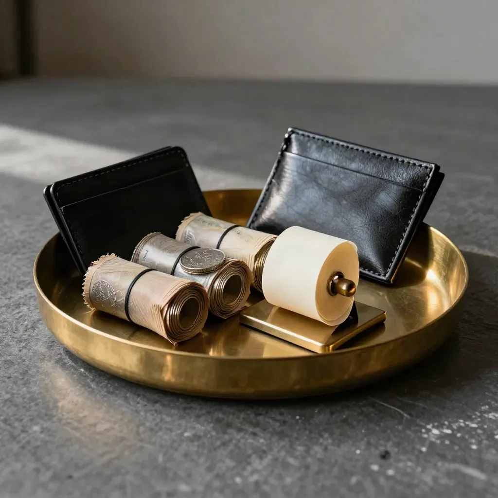 Brass cash tray with coin rolls, card case, and receipt spindle on graphite stone.