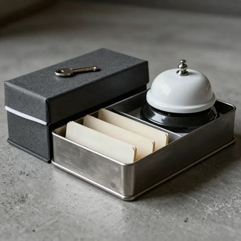 Archive box, metal index tray, and small desk bell on concrete in moody studio light.