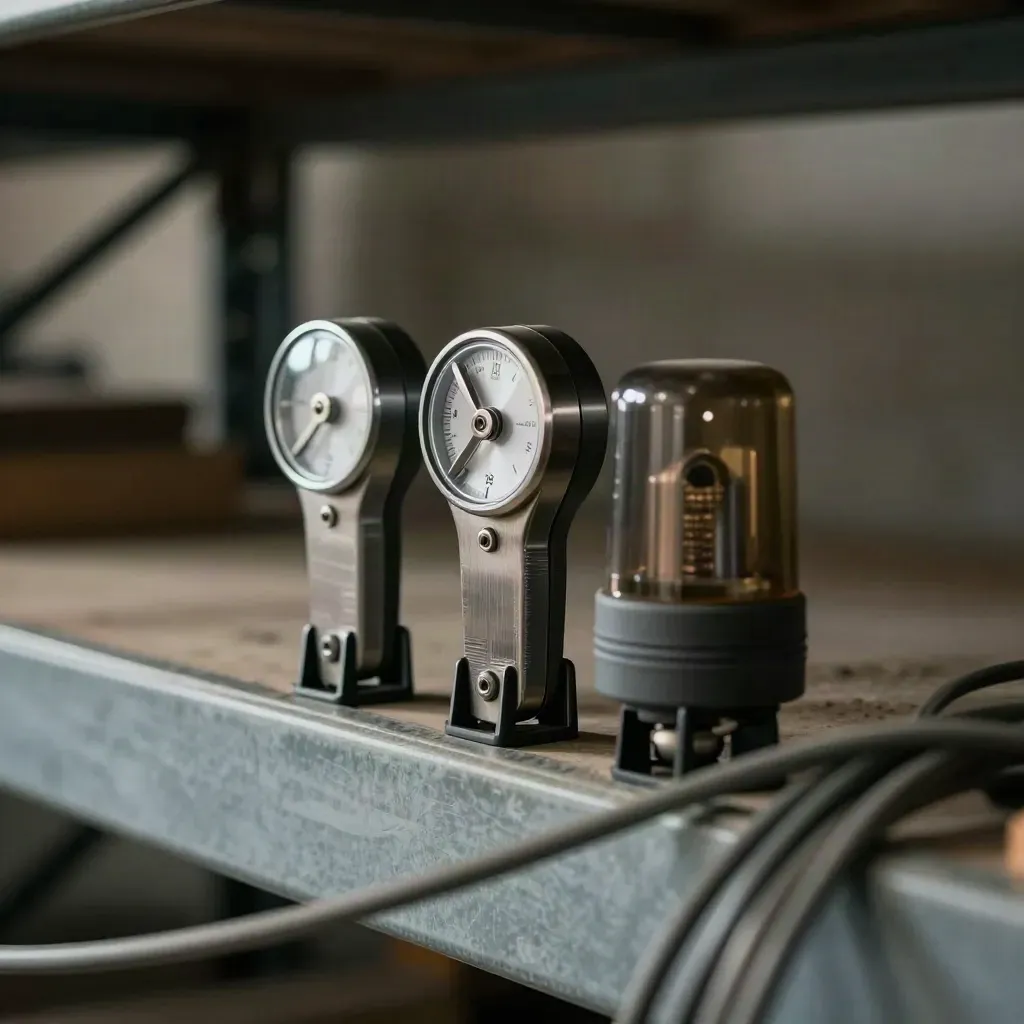 Queue pegs, tally counter, and beacon shell on a warehouse shelf with dust and cable blur.