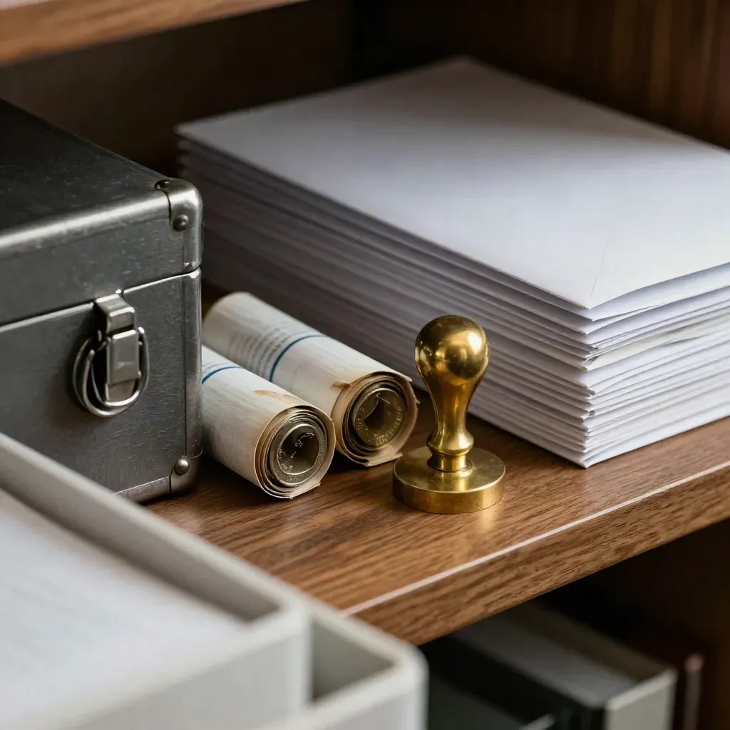 Macro of cash box corner, coin rolls, brass stamp base and sealed envelopes on a shelf.