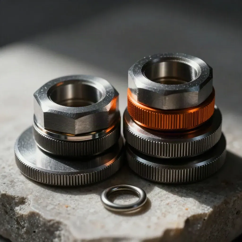 Macro of metal couplings and an o-ring locking together on pale stone, lit from the side.