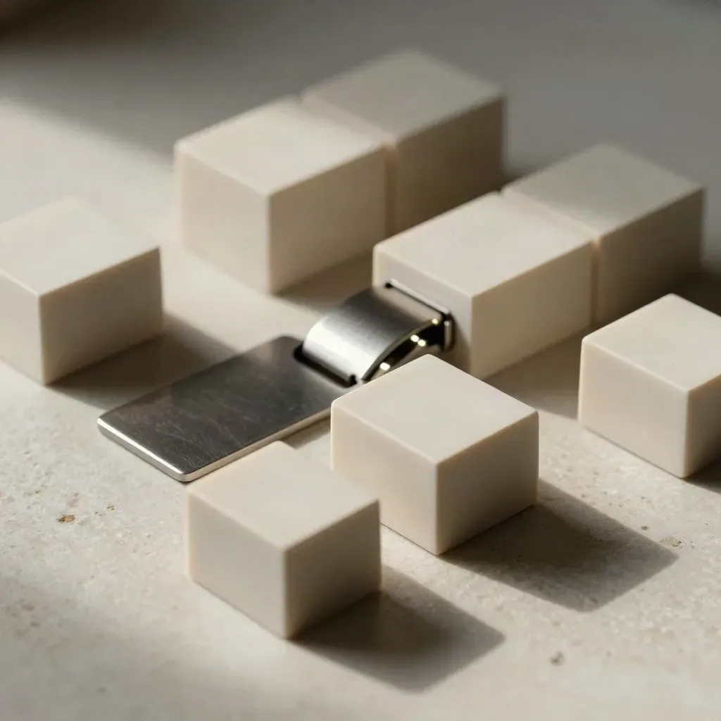 Top-down still life of pale modular blocks, a hinge piece, and a metal spacer on stone.