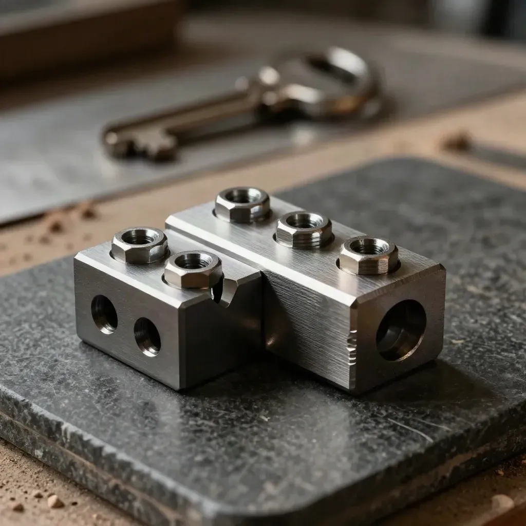 Machined blocks, fasteners, and shim nested on a dark stone surface