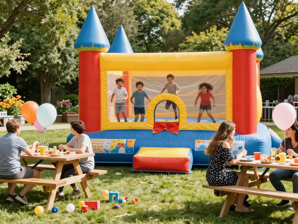 Kids joyfully bouncing in a bright bounce castle during a sunny children's party.